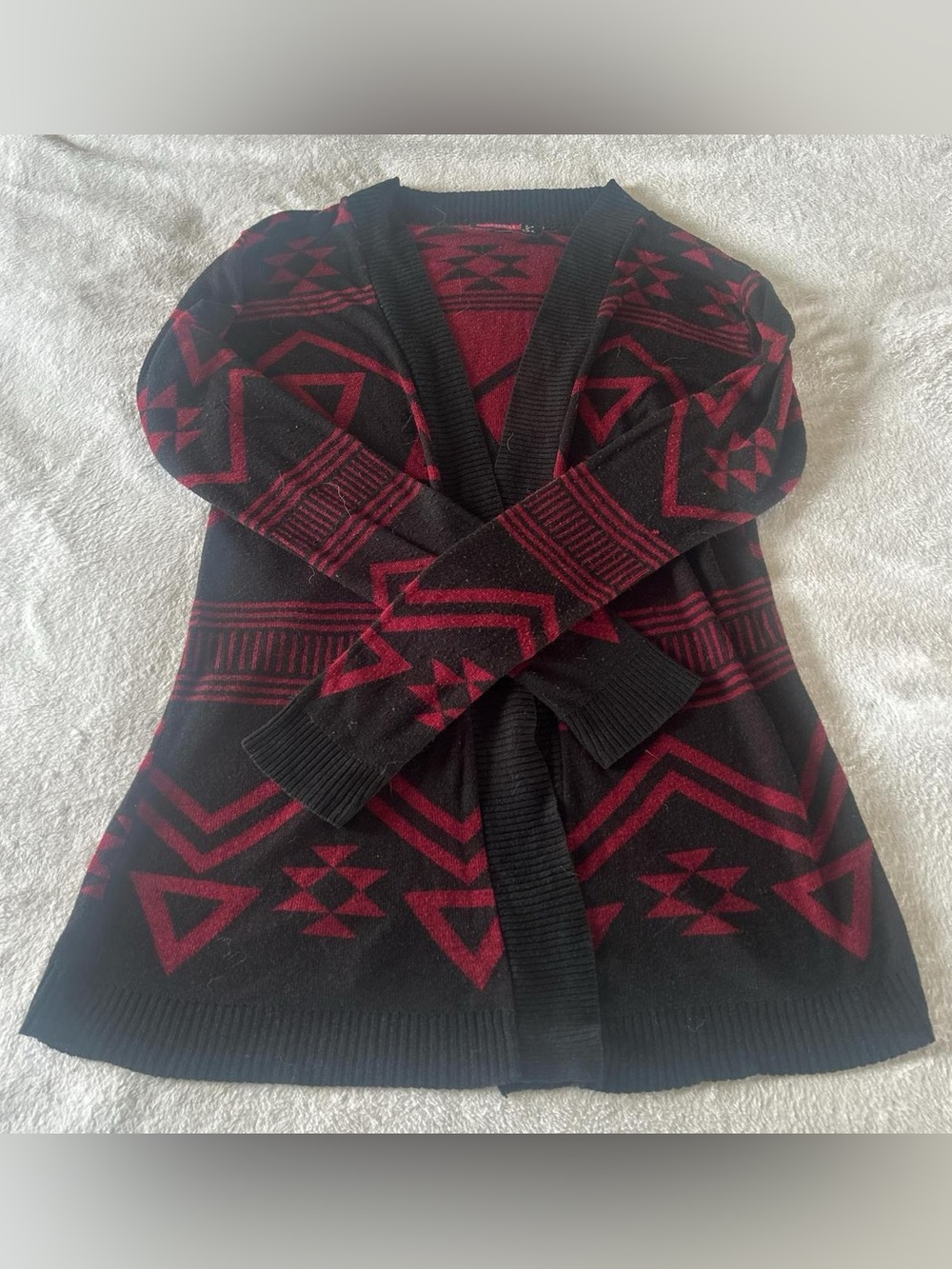 black and red geometric cardigan